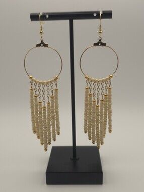 Hand Crafted Gold Hoop Fringe Earrings with Cream Beads